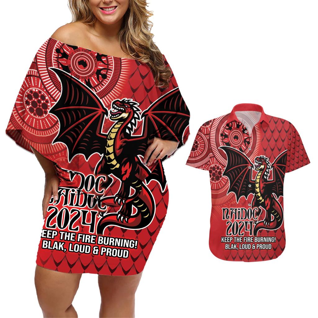 Personalised Dragons NAIDOC Week 2024 Couples Matching Off Shoulder Short Dress and Hawaiian Shirt Aboriginal Fire Burning Sparks