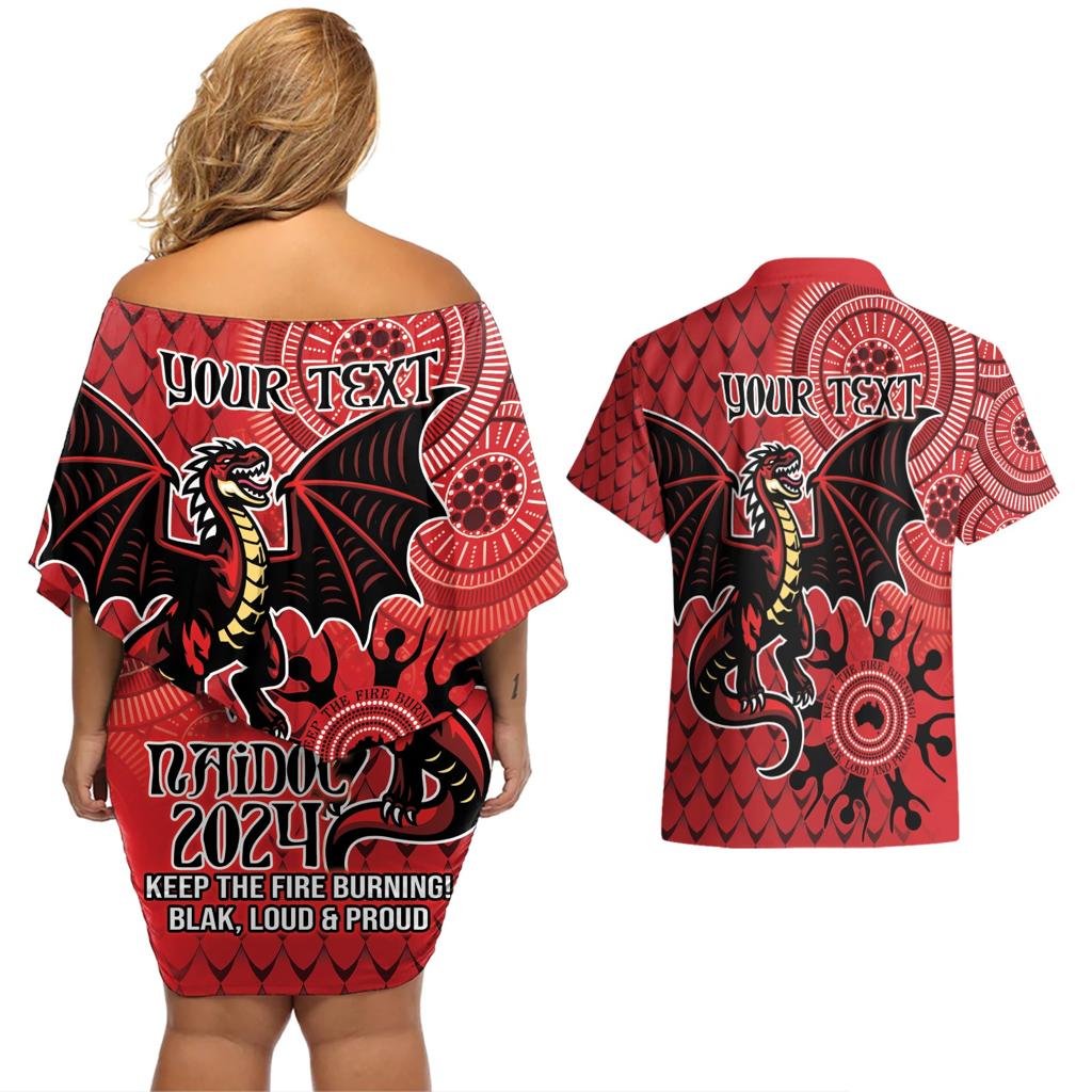 Personalised Dragons NAIDOC Week 2024 Couples Matching Off Shoulder Short Dress and Hawaiian Shirt Aboriginal Fire Burning Sparks