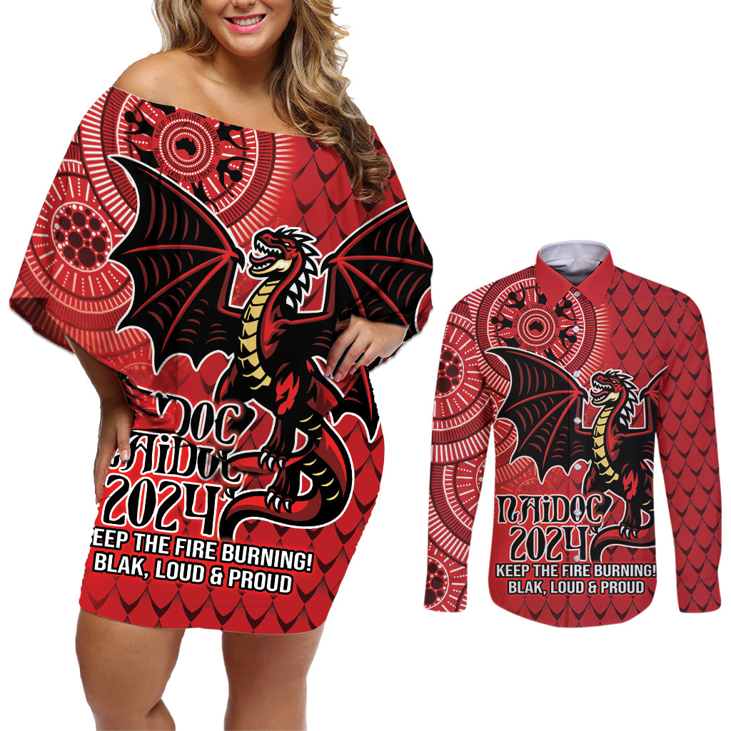 Personalised Dragons NAIDOC Week 2024 Couples Matching Off Shoulder Short Dress and Long Sleeve Button Shirt Aboriginal Fire Burning Sparks