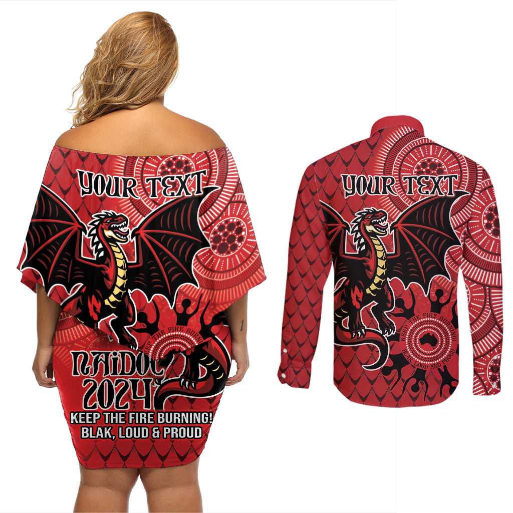 Personalised Dragons NAIDOC Week 2024 Couples Matching Off Shoulder Short Dress and Long Sleeve Button Shirt Aboriginal Fire Burning Sparks