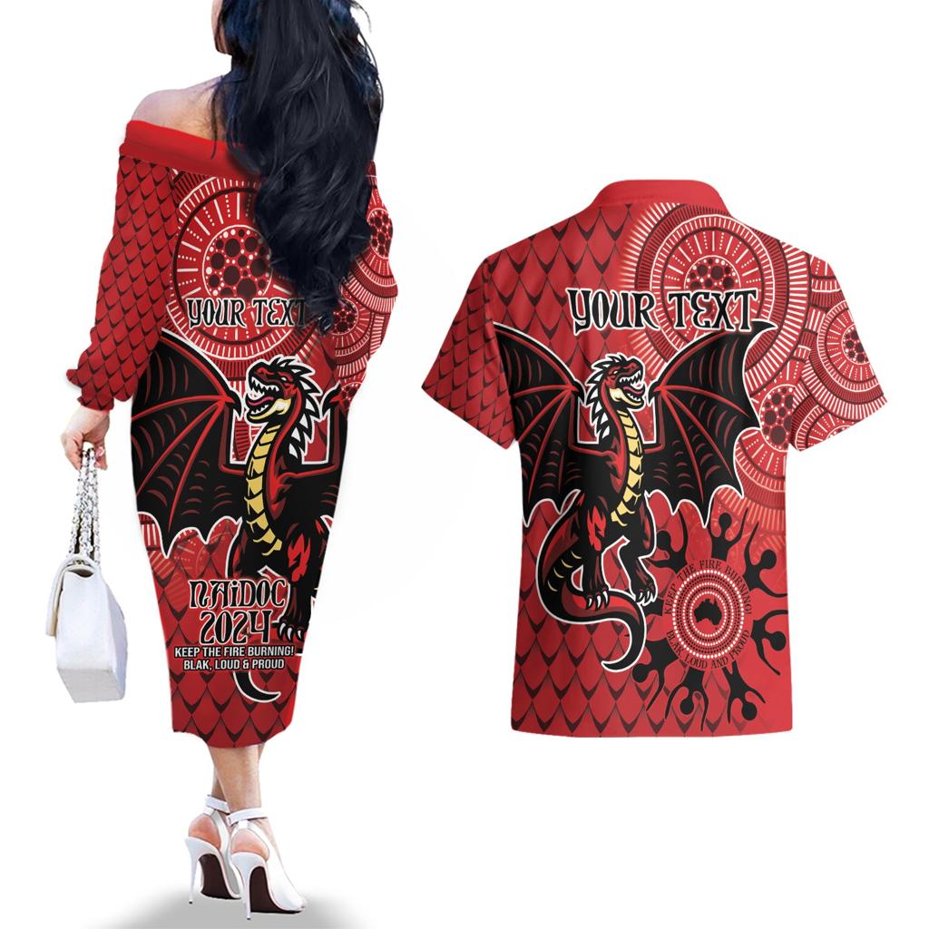 Personalised Dragons NAIDOC Week 2024 Couples Matching Off The Shoulder Long Sleeve Dress and Hawaiian Shirt Aboriginal Fire Burning Sparks