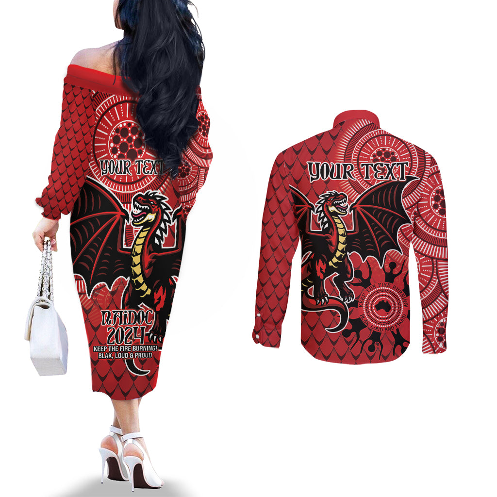 Personalised Dragons NAIDOC Week 2024 Couples Matching Off The Shoulder Long Sleeve Dress and Long Sleeve Button Shirt Aboriginal Fire Burning Sparks