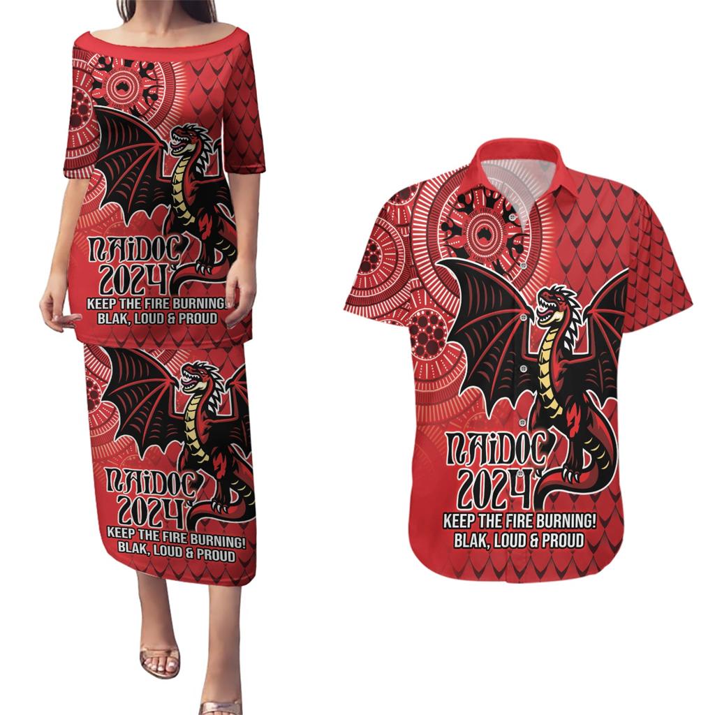 Personalised Dragons NAIDOC Week 2024 Couples Matching Puletasi and Hawaiian Shirt Aboriginal Fire Burning Sparks