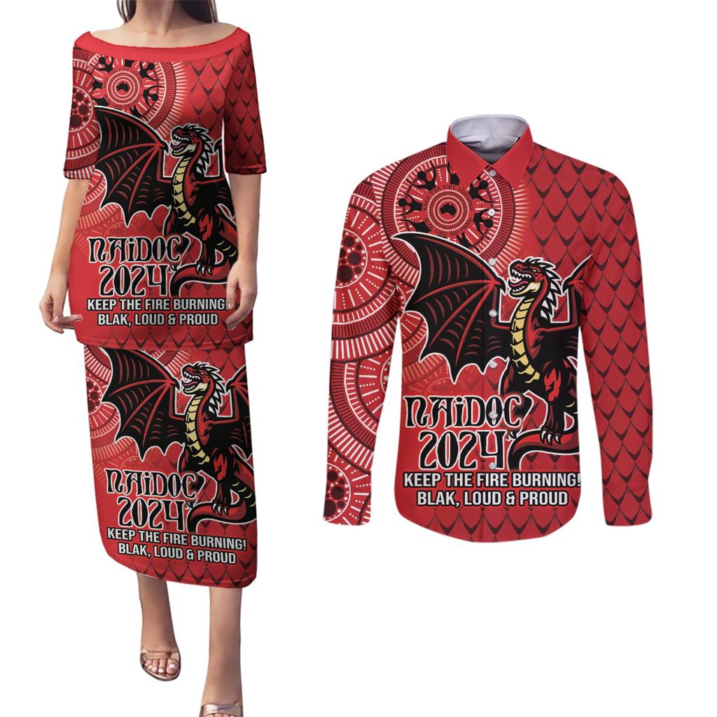 Personalised Dragons NAIDOC Week 2024 Couples Matching Puletasi and Long Sleeve Button Shirt Aboriginal Fire Burning Sparks