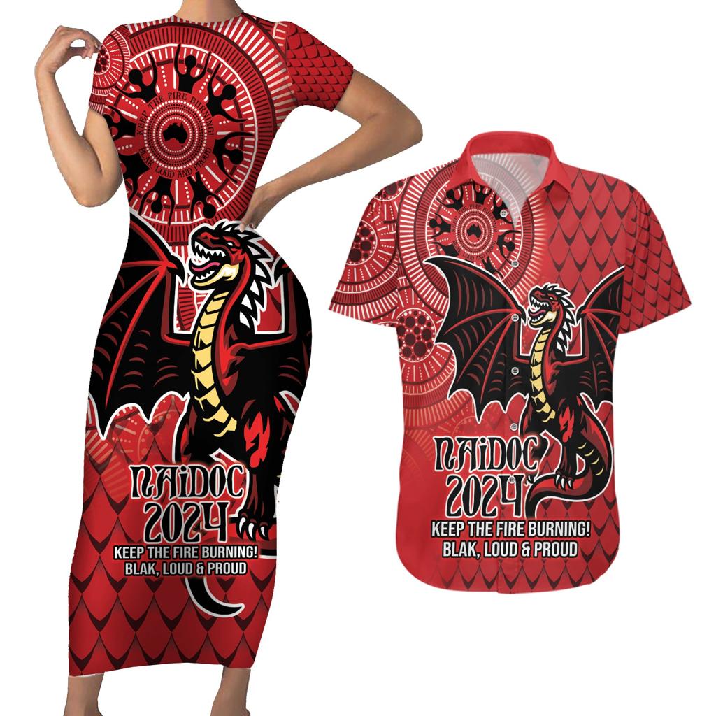 Personalised Dragons NAIDOC Week 2024 Couples Matching Short Sleeve Bodycon Dress and Hawaiian Shirt Aboriginal Fire Burning Sparks