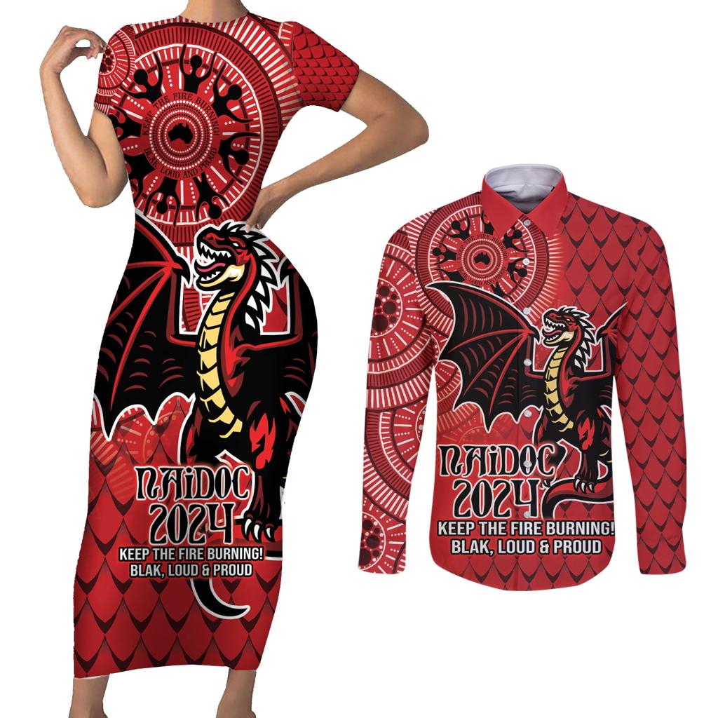 Personalised Dragons NAIDOC Week 2024 Couples Matching Short Sleeve Bodycon Dress and Long Sleeve Button Shirt Aboriginal Fire Burning Sparks