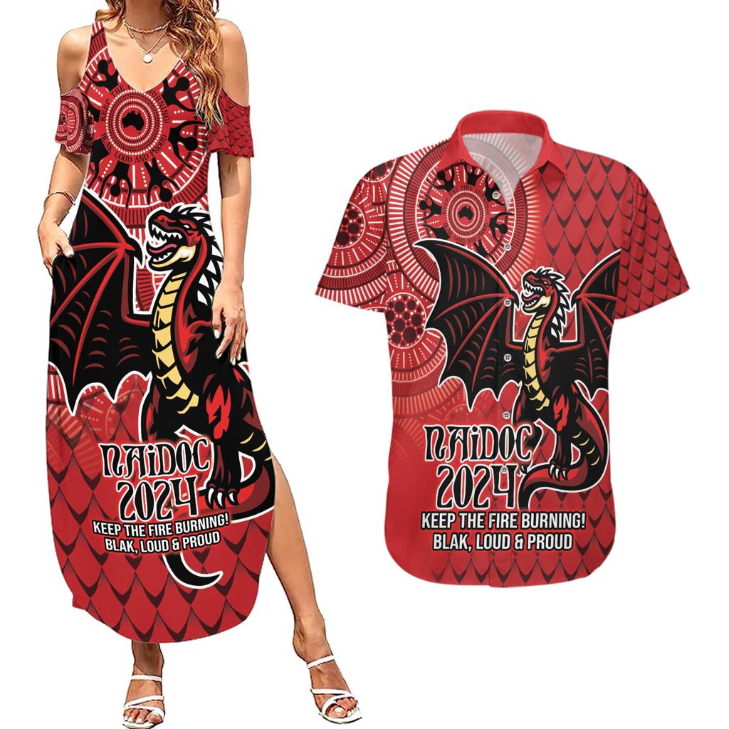 Personalised Dragons NAIDOC Week 2024 Couples Matching Summer Maxi Dress and Hawaiian Shirt Aboriginal Fire Burning Sparks