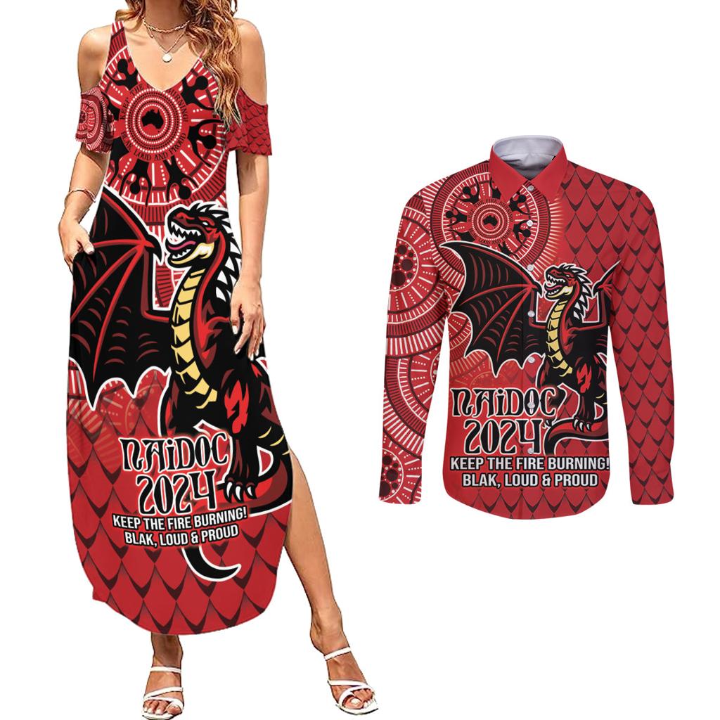 Personalised Dragons NAIDOC Week 2024 Couples Matching Summer Maxi Dress and Long Sleeve Button Shirt Aboriginal Fire Burning Sparks