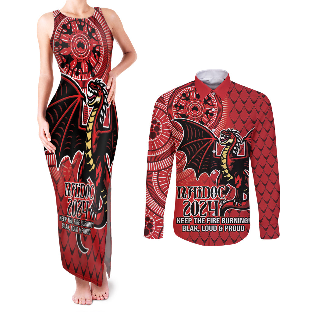 Personalised Dragons NAIDOC Week 2024 Couples Matching Tank Maxi Dress and Long Sleeve Button Shirt Aboriginal Fire Burning Sparks