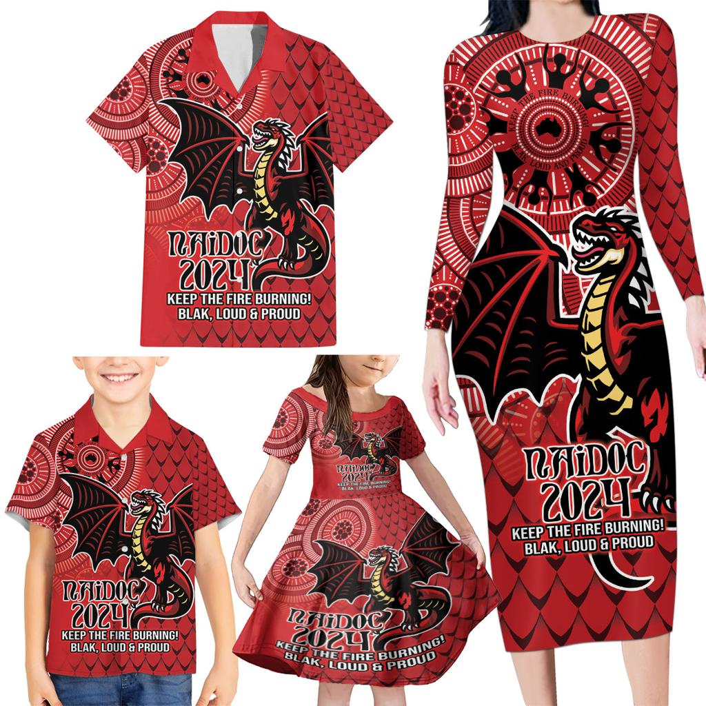 Personalised Dragons NAIDOC Week 2024 Family Matching Long Sleeve Bodycon Dress and Hawaiian Shirt Aboriginal Fire Burning Sparks
