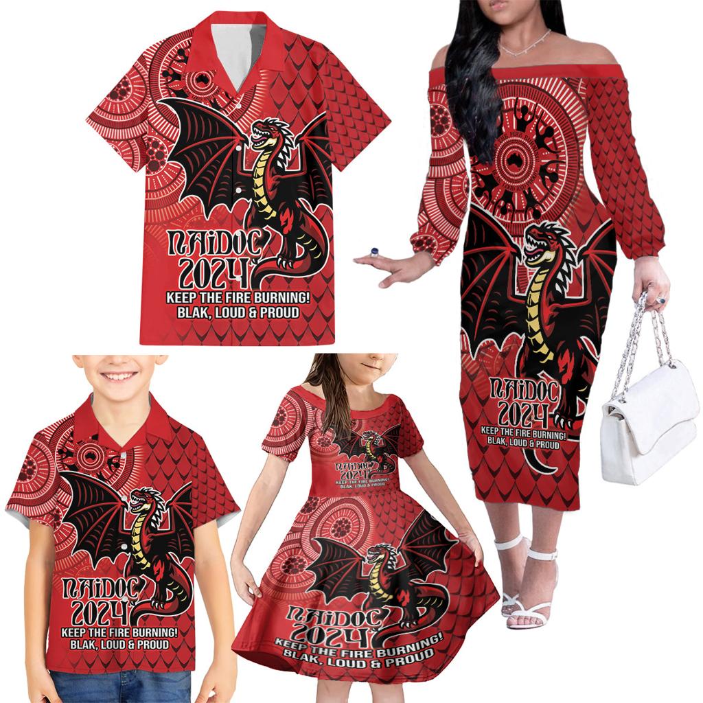 Personalised Dragons NAIDOC Week 2024 Family Matching Off The Shoulder Long Sleeve Dress and Hawaiian Shirt Aboriginal Fire Burning Sparks