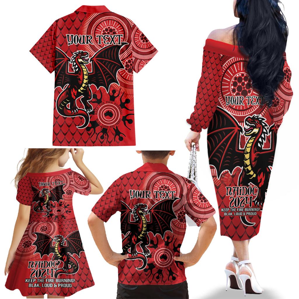 Personalised Dragons NAIDOC Week 2024 Family Matching Off The Shoulder Long Sleeve Dress and Hawaiian Shirt Aboriginal Fire Burning Sparks