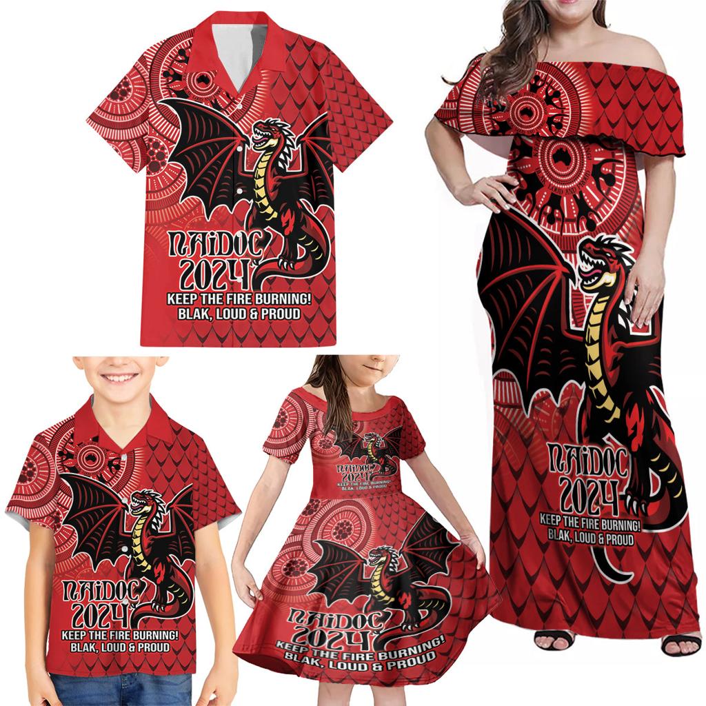 Personalised Dragons NAIDOC Week 2024 Family Matching Off Shoulder Maxi Dress and Hawaiian Shirt Aboriginal Fire Burning Sparks
