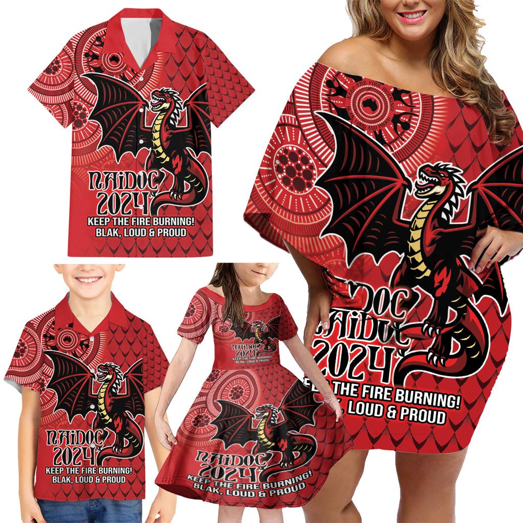 Personalised Dragons NAIDOC Week 2024 Family Matching Off Shoulder Short Dress and Hawaiian Shirt Aboriginal Fire Burning Sparks