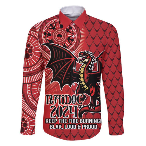 Personalised Dragons NAIDOC Week 2024 Family Matching Off Shoulder Short Dress and Hawaiian Shirt Aboriginal Fire Burning Sparks