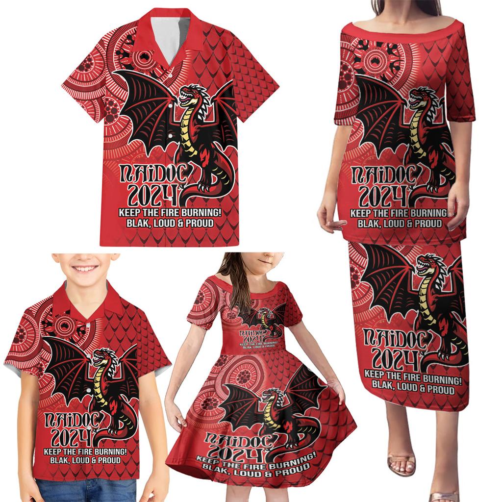 Personalised Dragons NAIDOC Week 2024 Family Matching Puletasi and Hawaiian Shirt Aboriginal Fire Burning Sparks