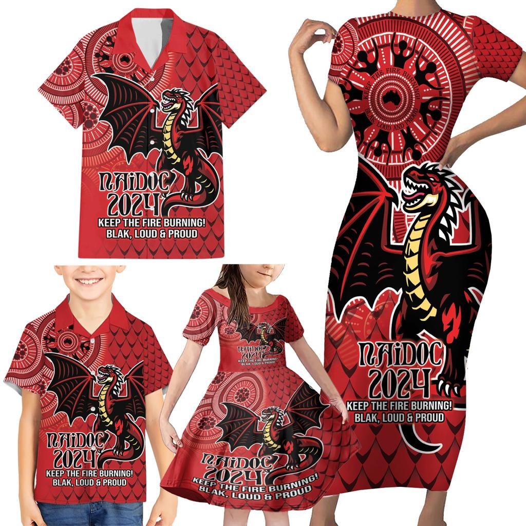 Personalised Dragons NAIDOC Week 2024 Family Matching Short Sleeve Bodycon Dress and Hawaiian Shirt Aboriginal Fire Burning Sparks