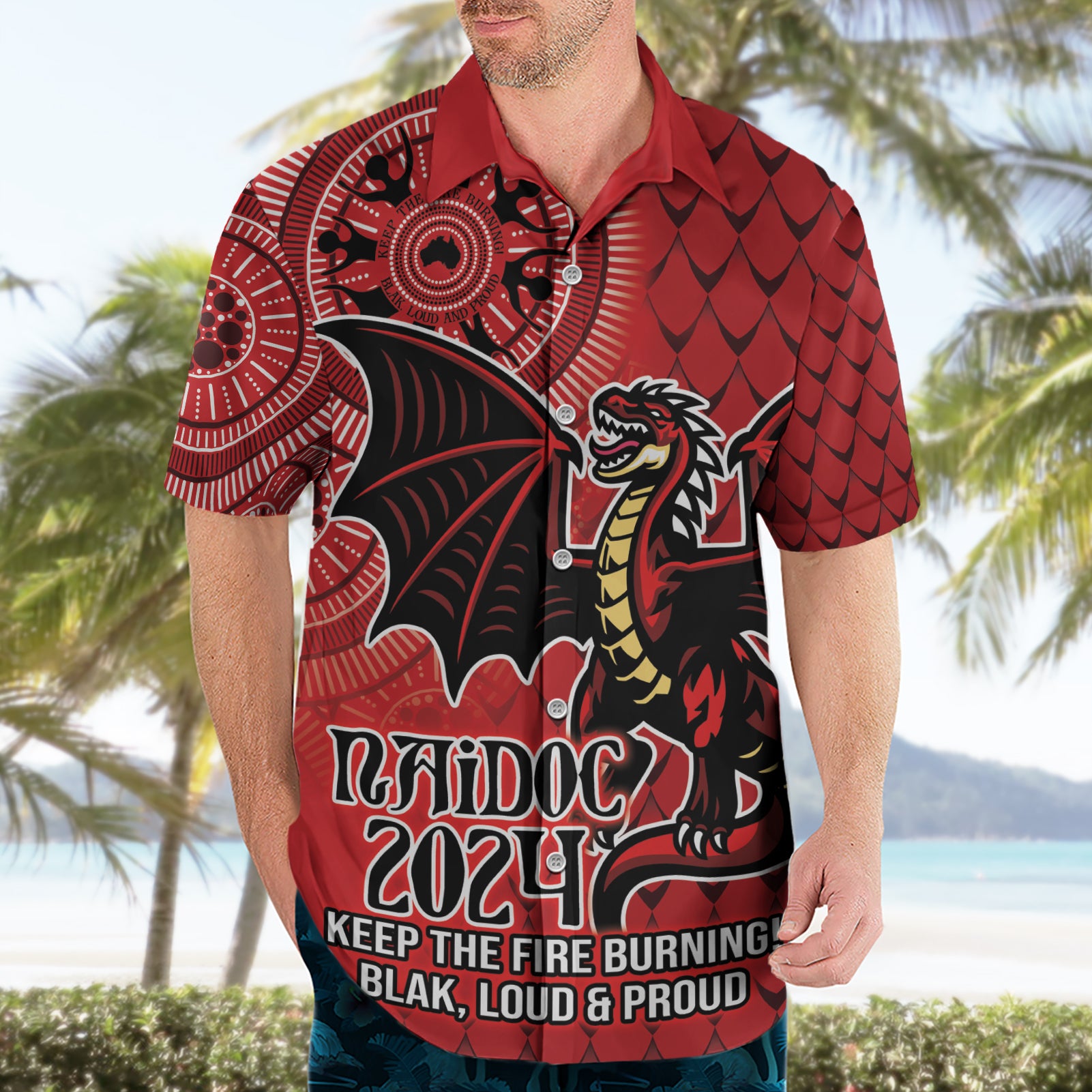 Personalised Dragons NAIDOC Week 2024 Hawaiian Shirt Aboriginal Fire Burning Sparks