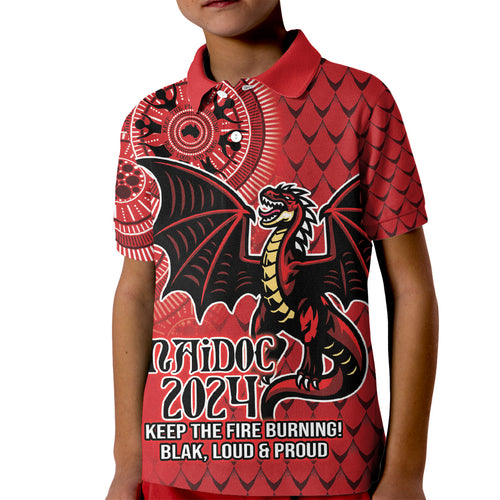 Personalised Dragons NAIDOC Week 2024 Kid Polo Shirt Aboriginal Fire Burning Sparks