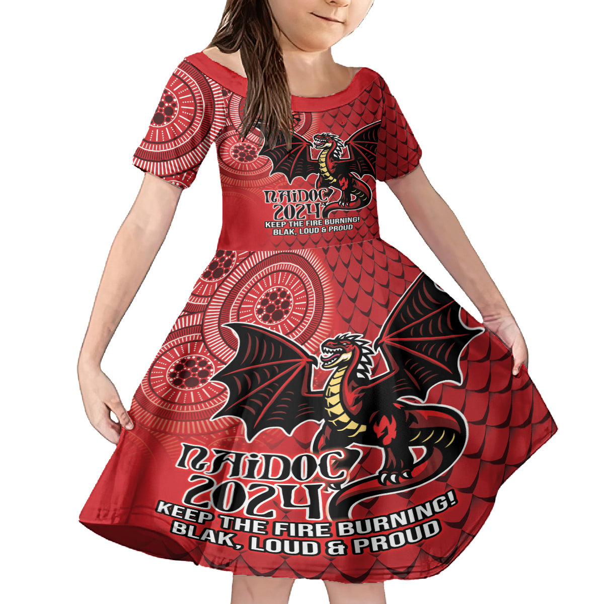 Personalised Dragons NAIDOC Week 2024 Kid Short Sleeve Dress Aboriginal Fire Burning Sparks
