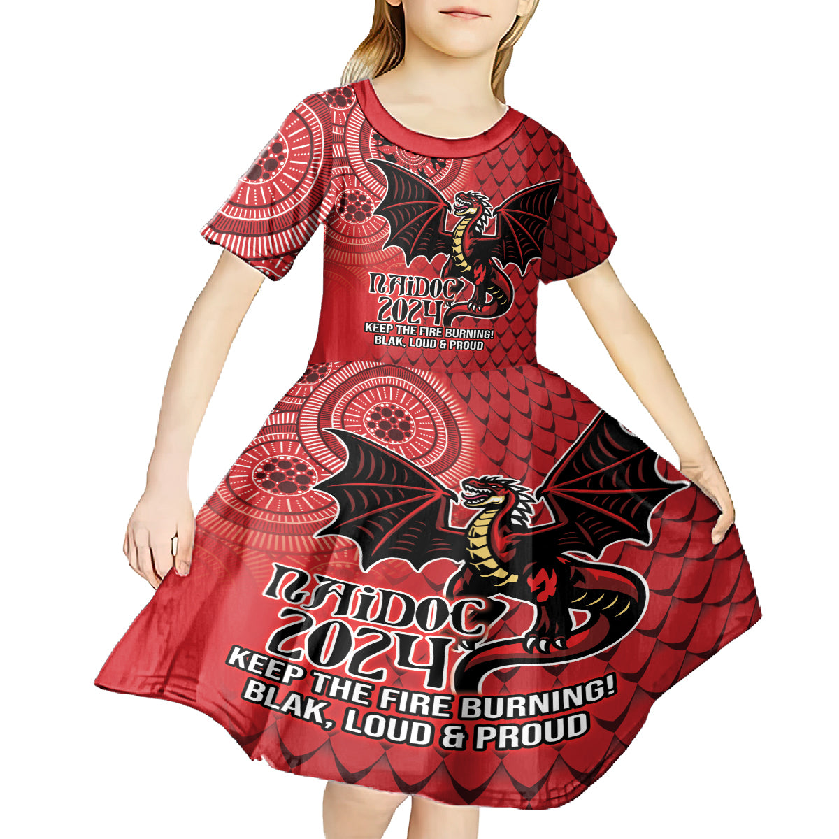Personalised Dragons NAIDOC Week 2024 Kid Short Sleeve Dress Aboriginal Fire Burning Sparks