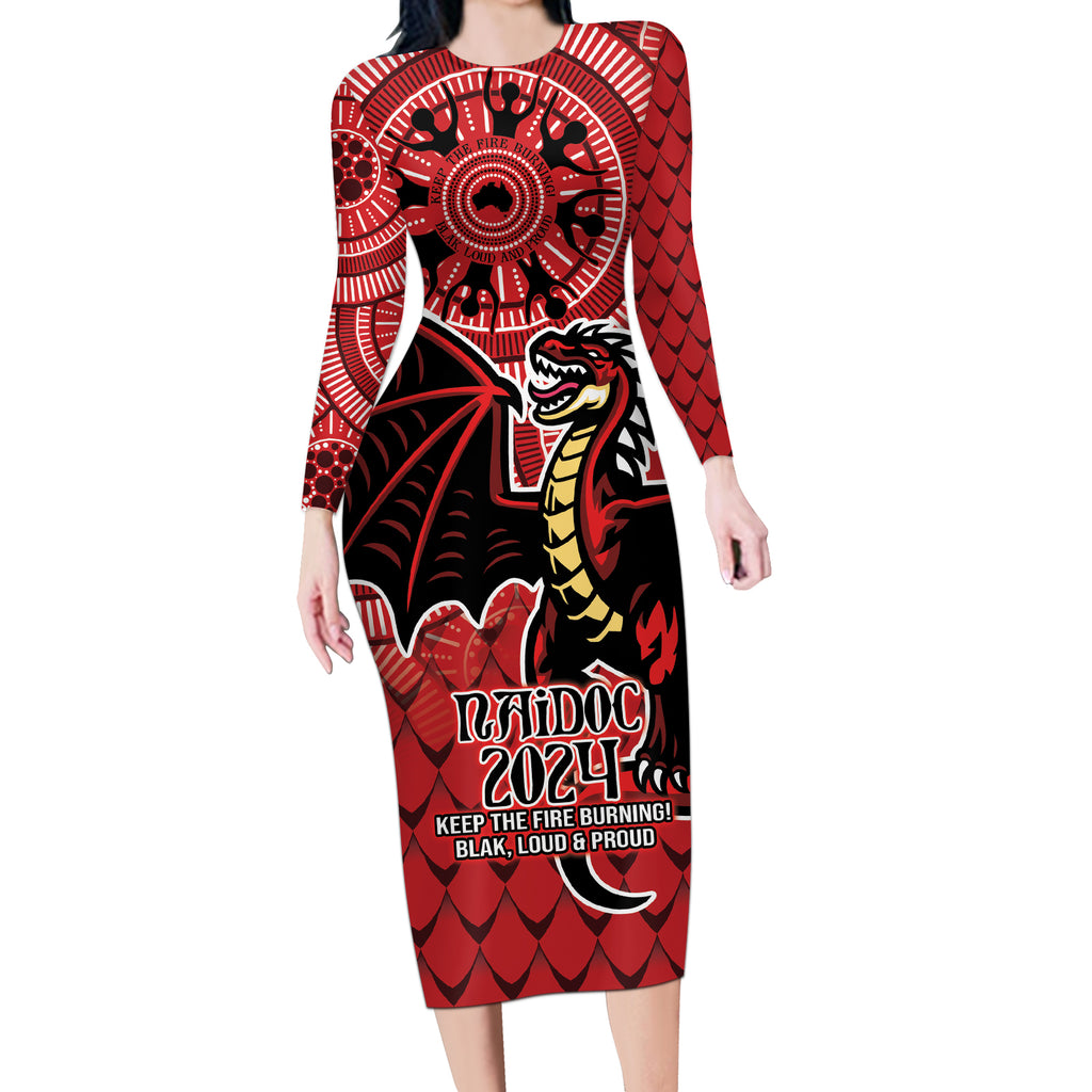 Personalised Dragons NAIDOC Week 2024 Long Sleeve Bodycon Dress Aboriginal Fire Burning Sparks