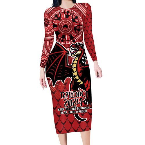 Personalised Dragons NAIDOC Week 2024 Long Sleeve Bodycon Dress Aboriginal Fire Burning Sparks