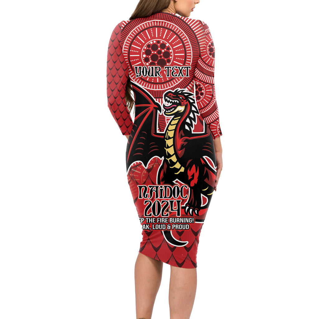 Personalised Dragons NAIDOC Week 2024 Long Sleeve Bodycon Dress Aboriginal Fire Burning Sparks