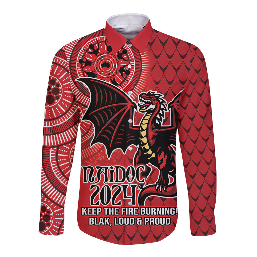 Personalised Dragons NAIDOC Week 2024 Long Sleeve Button Shirt Aboriginal Fire Burning Sparks