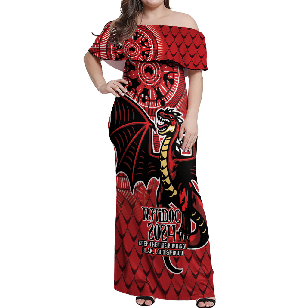 Personalised Dragons NAIDOC Week 2024 Off Shoulder Maxi Dress Aboriginal Fire Burning Sparks