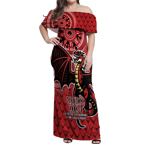 Personalised Dragons NAIDOC Week 2024 Off Shoulder Maxi Dress Aboriginal Fire Burning Sparks