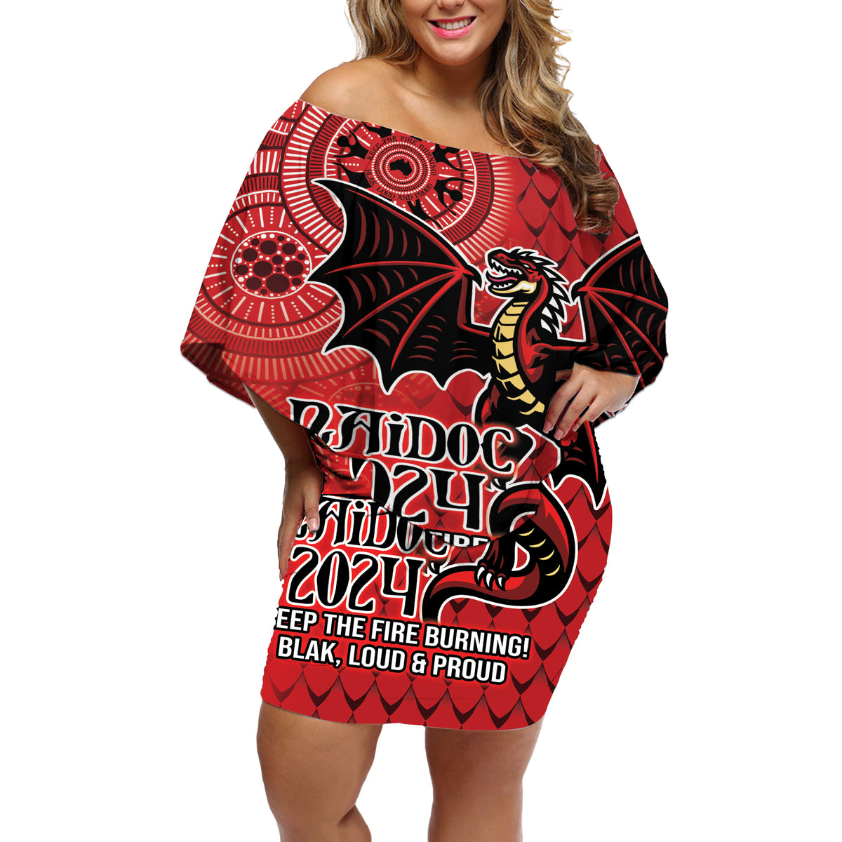 Personalised Dragons NAIDOC Week 2024 Off Shoulder Short Dress Aboriginal Fire Burning Sparks