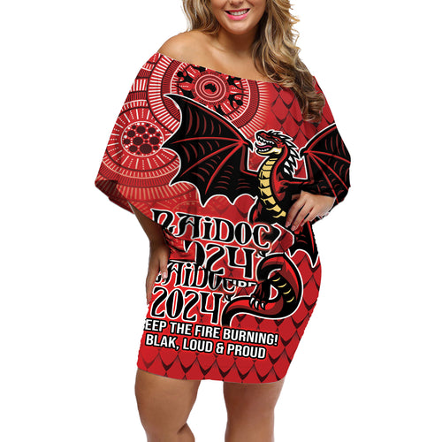 Personalised Dragons NAIDOC Week 2024 Off Shoulder Short Dress Aboriginal Fire Burning Sparks