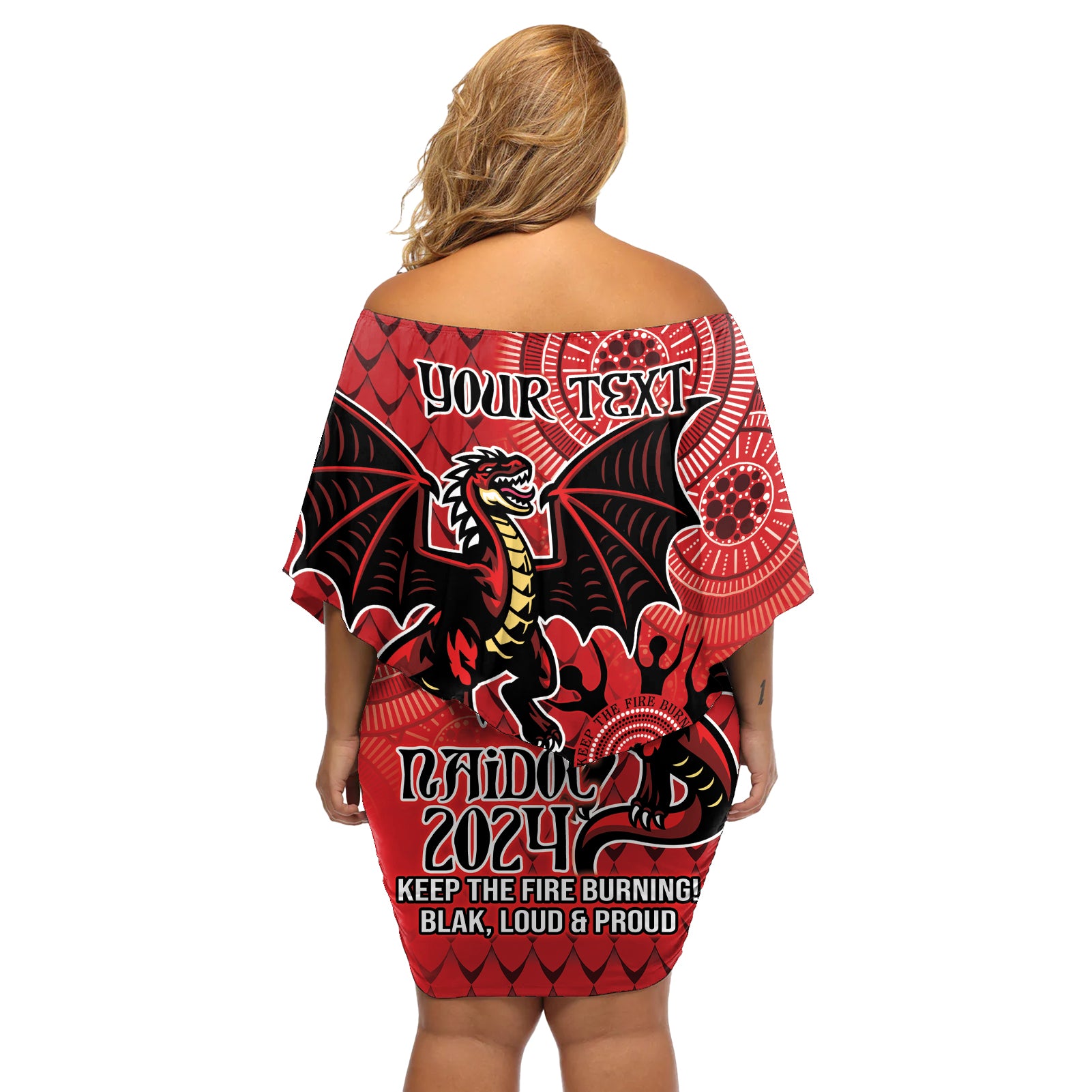 Personalised Dragons NAIDOC Week 2024 Off Shoulder Short Dress Aboriginal Fire Burning Sparks