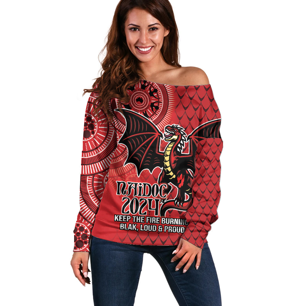 Personalised Dragons NAIDOC Week 2024 Off Shoulder Sweater Aboriginal Fire Burning Sparks