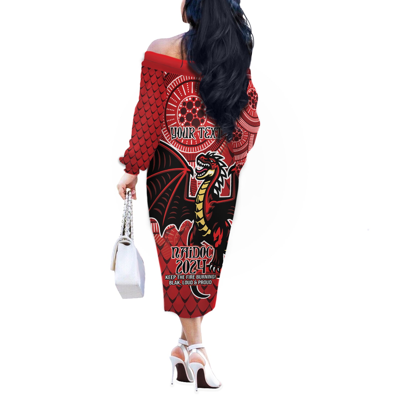 Personalised Dragons NAIDOC Week 2024 Off The Shoulder Long Sleeve Dress Aboriginal Fire Burning Sparks