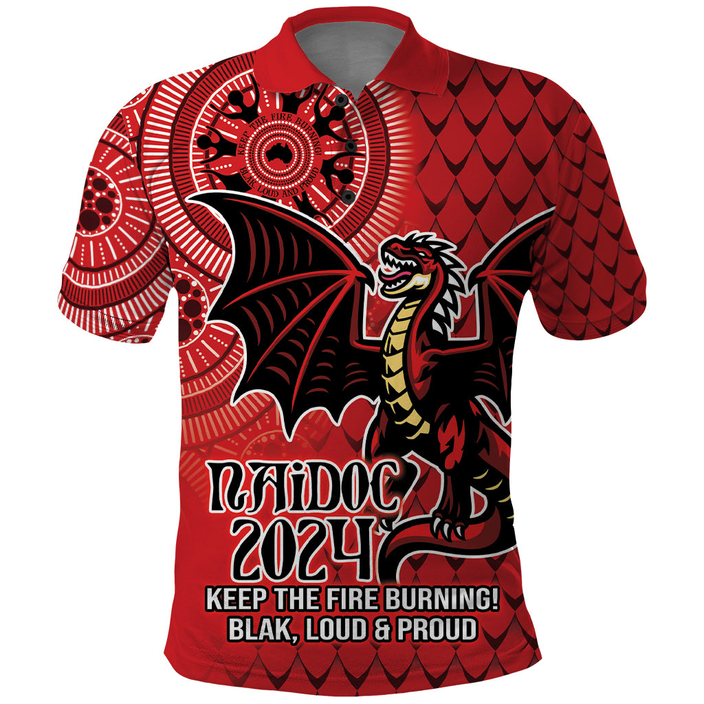 Personalised Dragons NAIDOC Week 2024 Polo Shirt Aboriginal Fire Burning Sparks