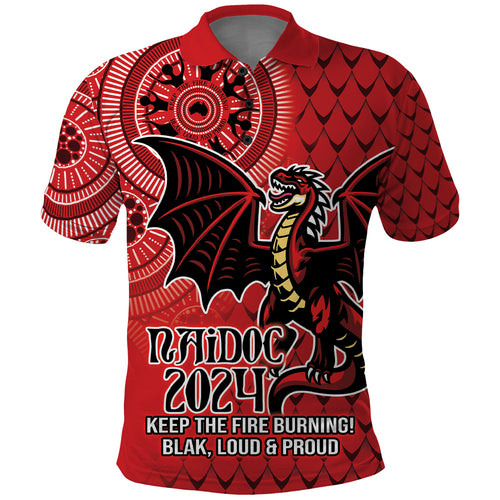 Personalised Dragons NAIDOC Week 2024 Polo Shirt Aboriginal Fire Burning Sparks