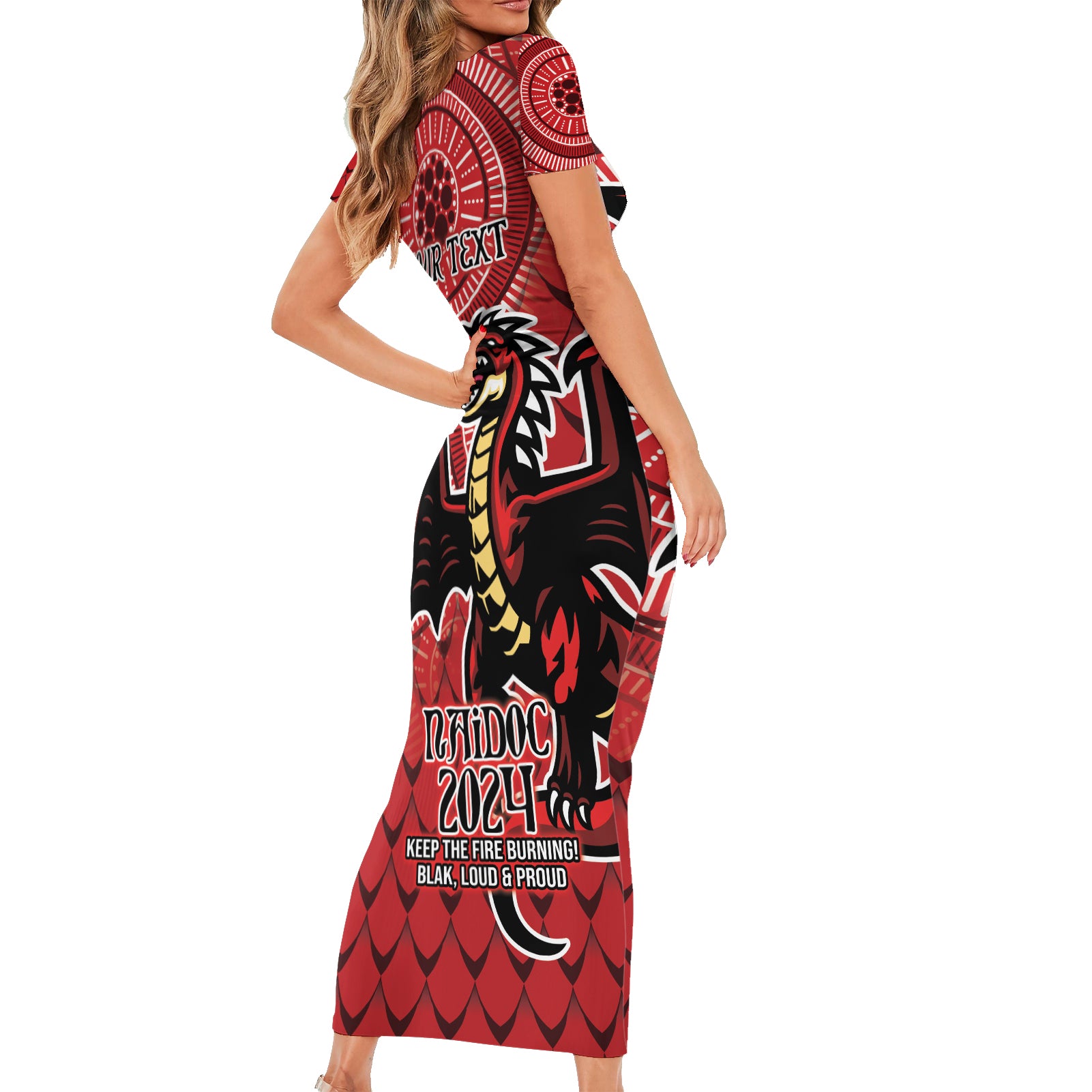 Personalised Dragons NAIDOC Week 2024 Short Sleeve Bodycon Dress Aboriginal Fire Burning Sparks