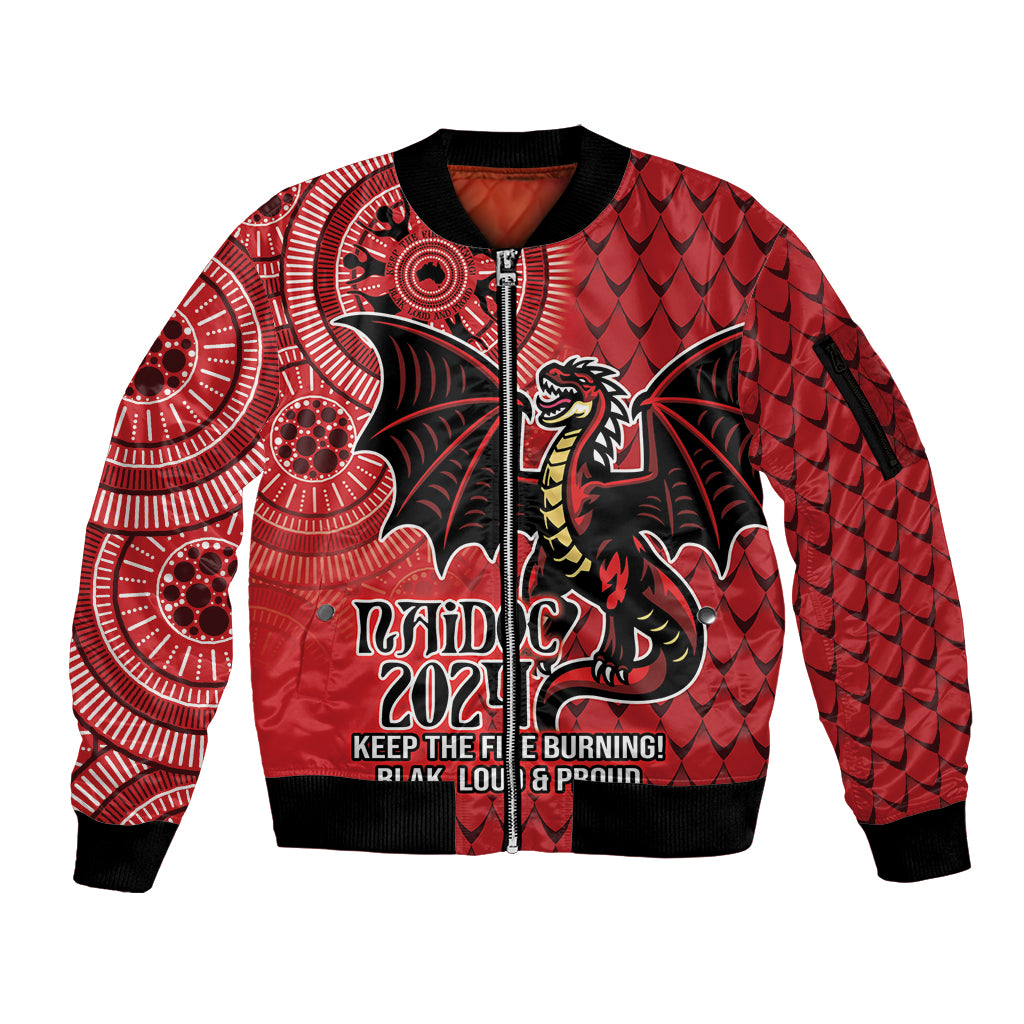 Personalised Dragons NAIDOC Week 2024 Sleeve Zip Bomber Jacket Aboriginal Fire Burning Sparks