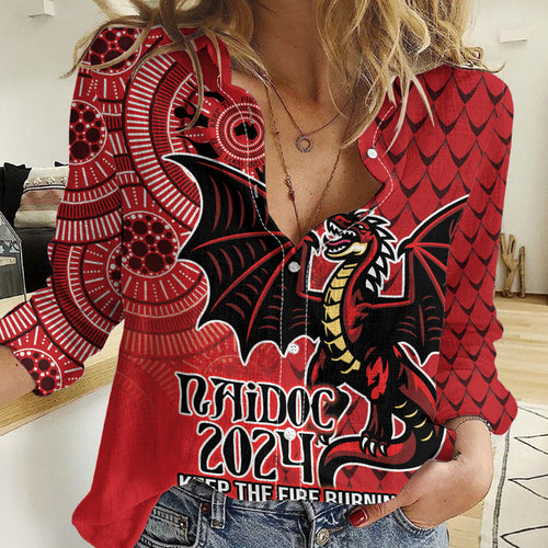 Personalised Dragons NAIDOC Week 2024 Women Casual Shirt Aboriginal Fire Burning Sparks