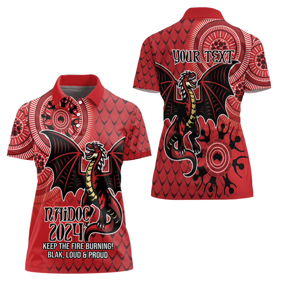 Personalised Dragons NAIDOC Week 2024 Women Polo Shirt Aboriginal Fire Burning Sparks