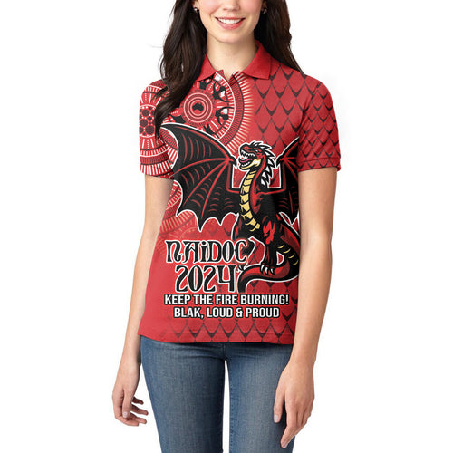 Personalised Dragons NAIDOC Week 2024 Women Polo Shirt Aboriginal Fire Burning Sparks