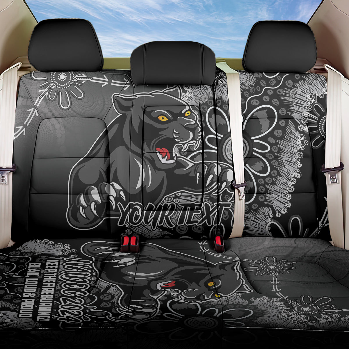 Personalised Panthers NAIDOC Week 2024 Back Car Seat Cover Aboriginal Fire Burning Sparks
