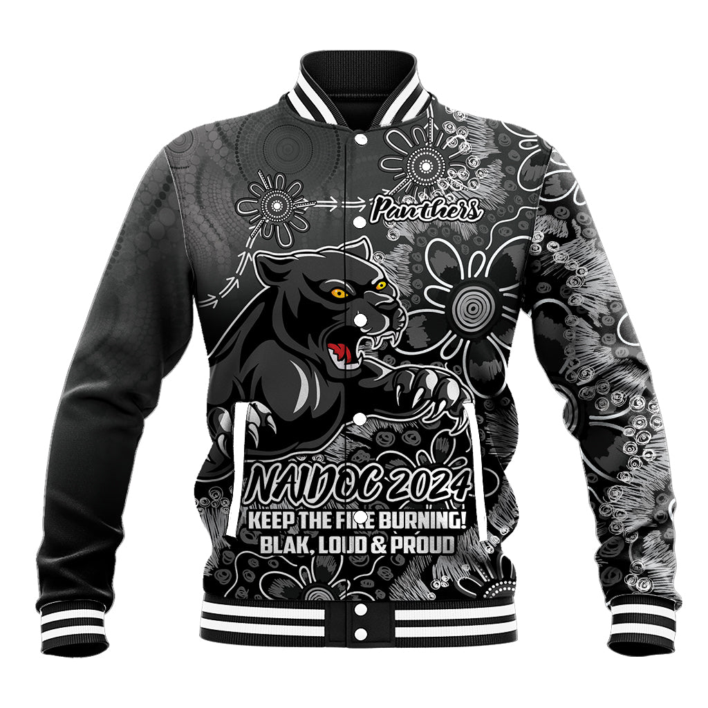 Personalised Panthers NAIDOC Week 2024 Baseball Jacket Aboriginal Fire Burning Sparks