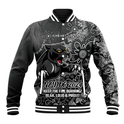 Personalised Panthers NAIDOC Week 2024 Baseball Jacket Aboriginal Fire Burning Sparks