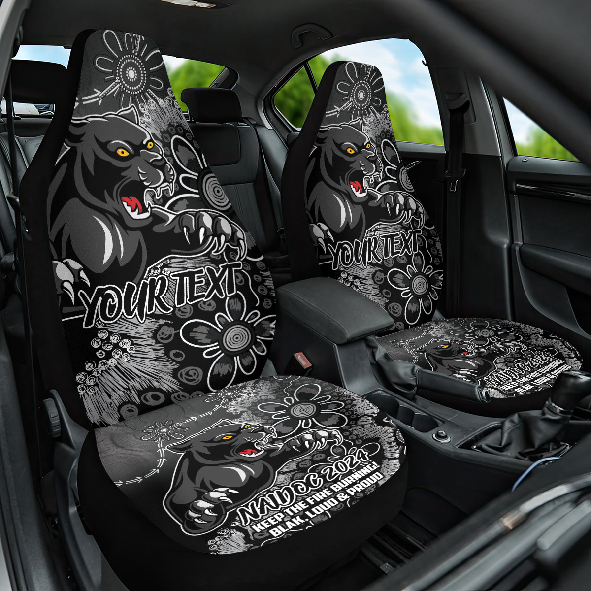 Personalised Panthers NAIDOC Week 2024 Car Seat Cover Aboriginal Fire Burning Sparks