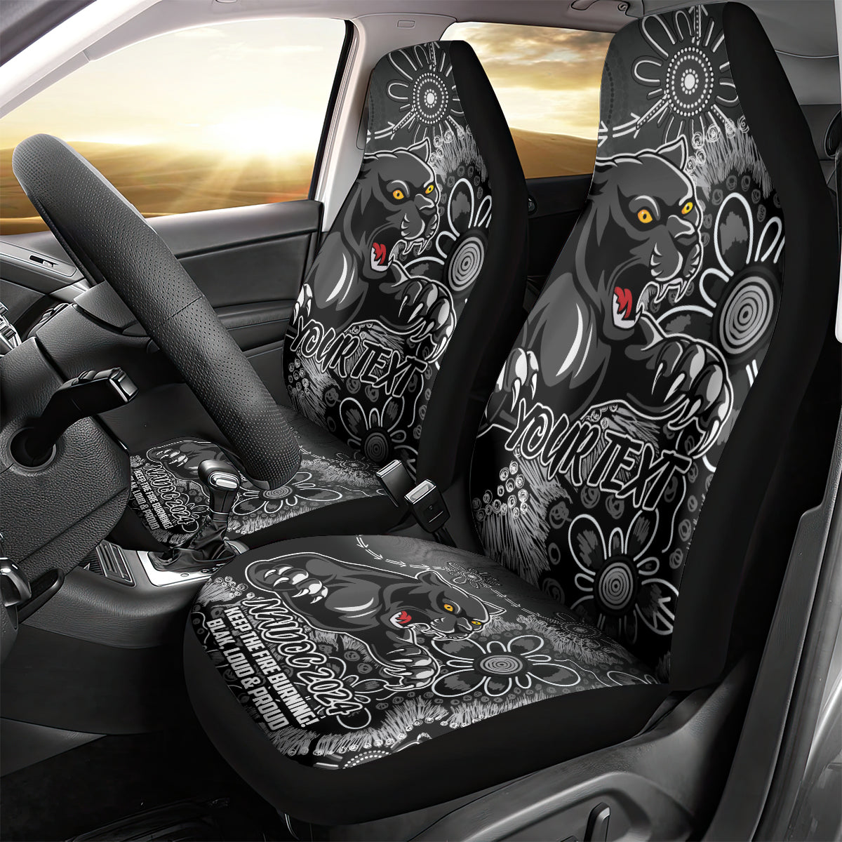 Personalised Panthers NAIDOC Week 2024 Car Seat Cover Aboriginal Fire Burning Sparks