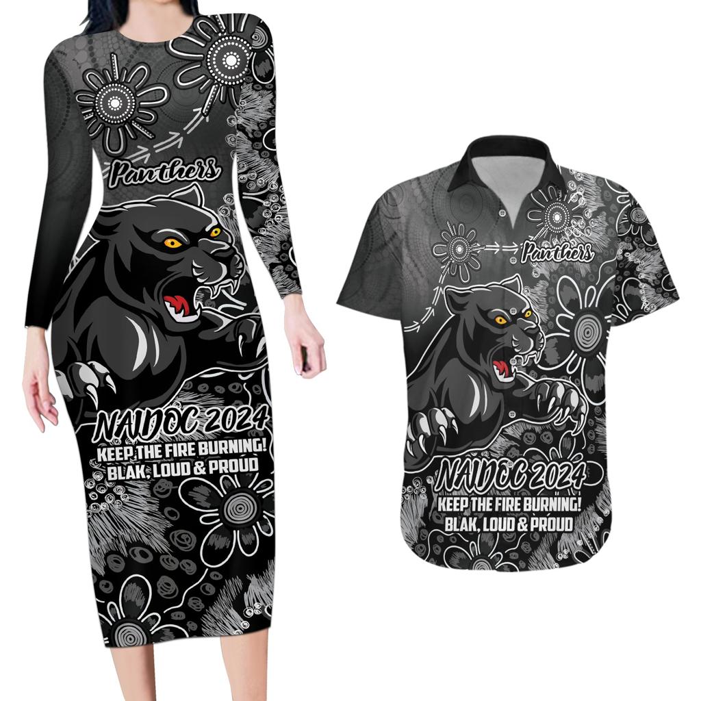 Personalised Panthers NAIDOC Week 2024 Couples Matching Long Sleeve Bodycon Dress and Hawaiian Shirt Aboriginal Fire Burning Sparks