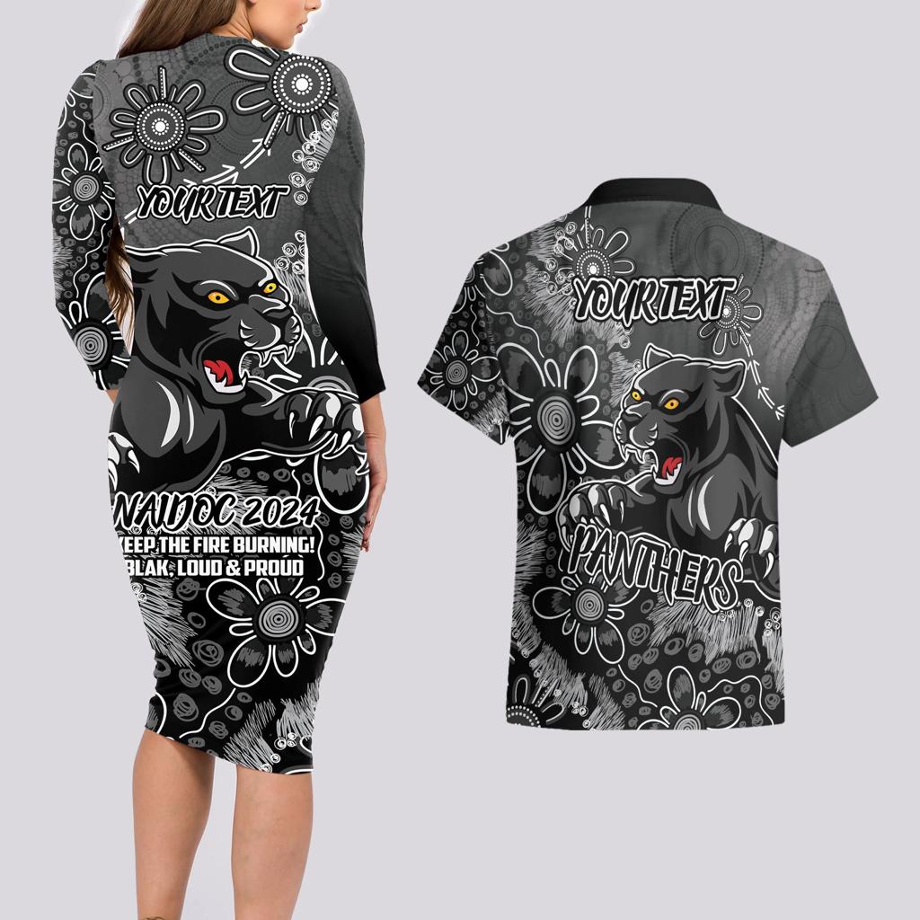 Personalised Panthers NAIDOC Week 2024 Couples Matching Long Sleeve Bodycon Dress and Hawaiian Shirt Aboriginal Fire Burning Sparks
